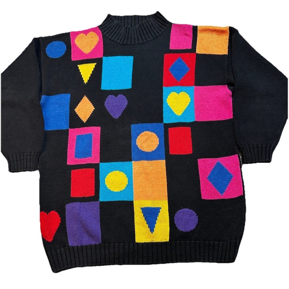 Vintage 90s Huntington Ridge Geometric Shapes Multi Color‎ Sweater Medium Bright